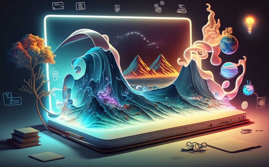 computer with immersive art wave rising from the keyboard of a laptop with wild color.